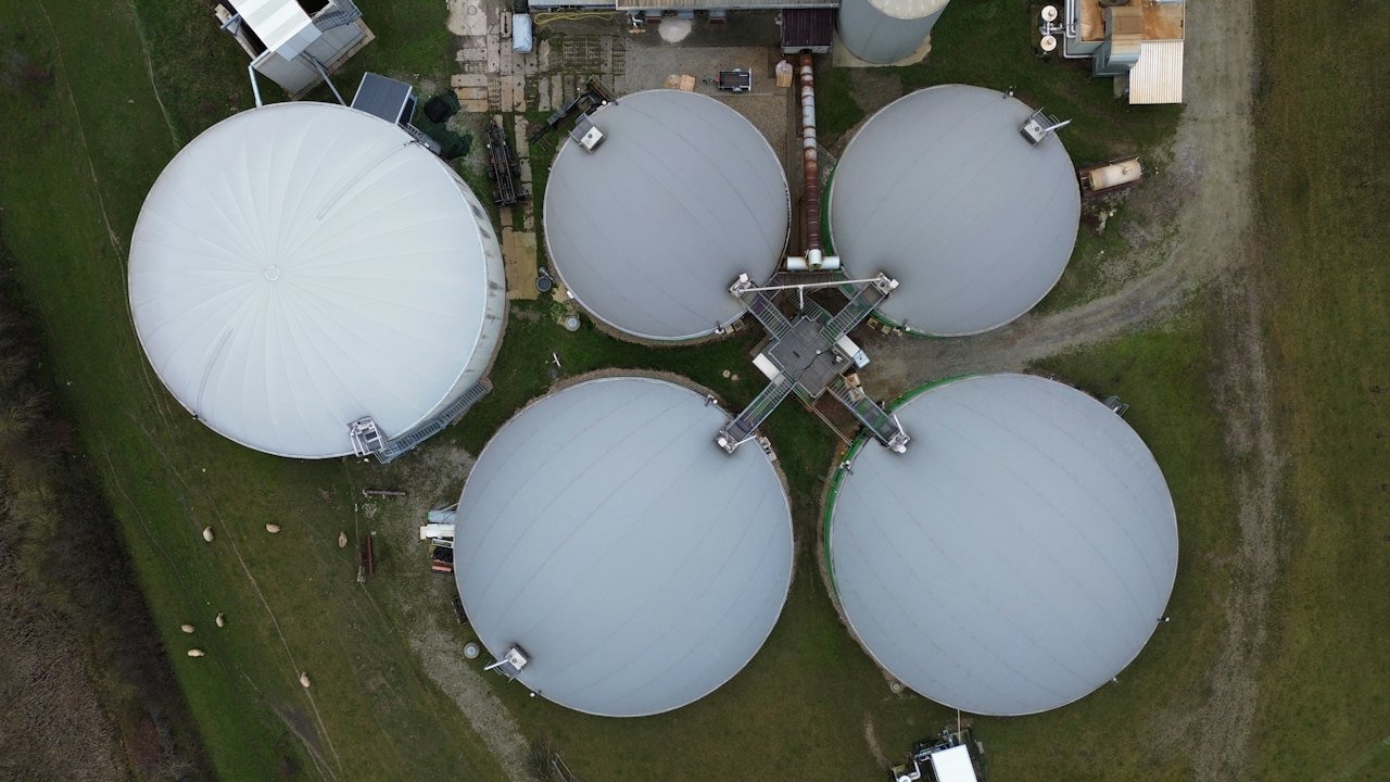 Aerial view of biogas digester tanks